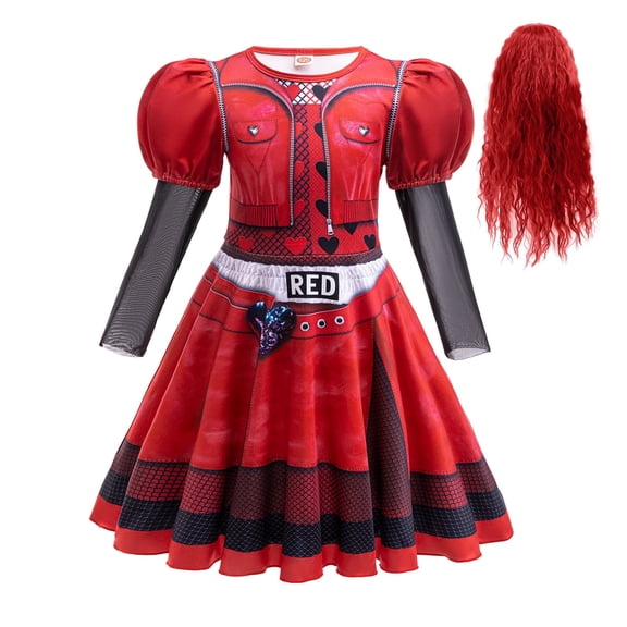 Hulaha Girls Red Punk Dress Kids Party Dress Costume with Wig