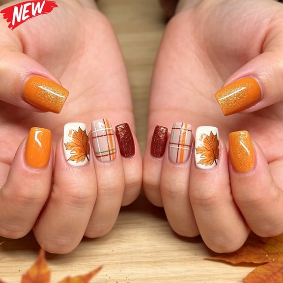 24Pcs Medium Coffin Fall Press On Nails for Women, Autumn Fake Nails with Maple Leaf Plaid Orange Burgundy Glitter Design, Reusable Glue‑On False Nail Tips for Thanksgiving Party Daily Manicure