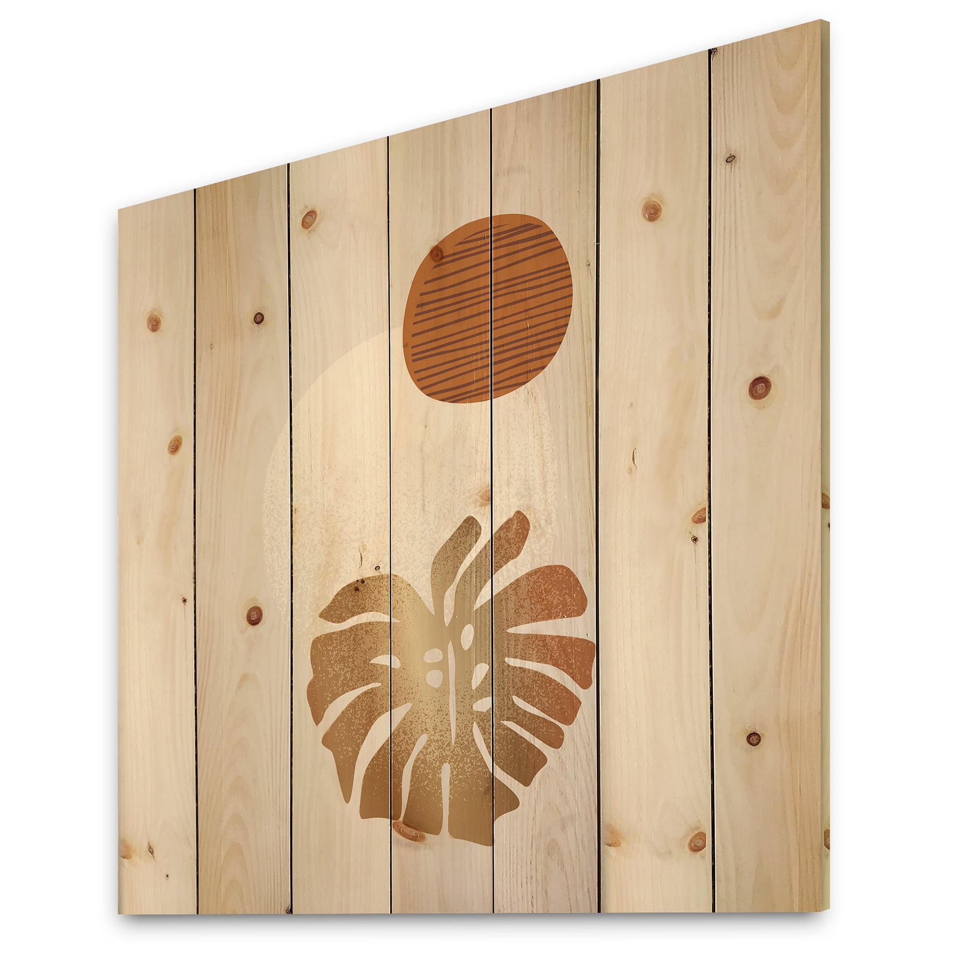 Designart 'Abstract Geometry Shapes and Tropical Palm Leaf II' Modern Print on Natural Pine Wood