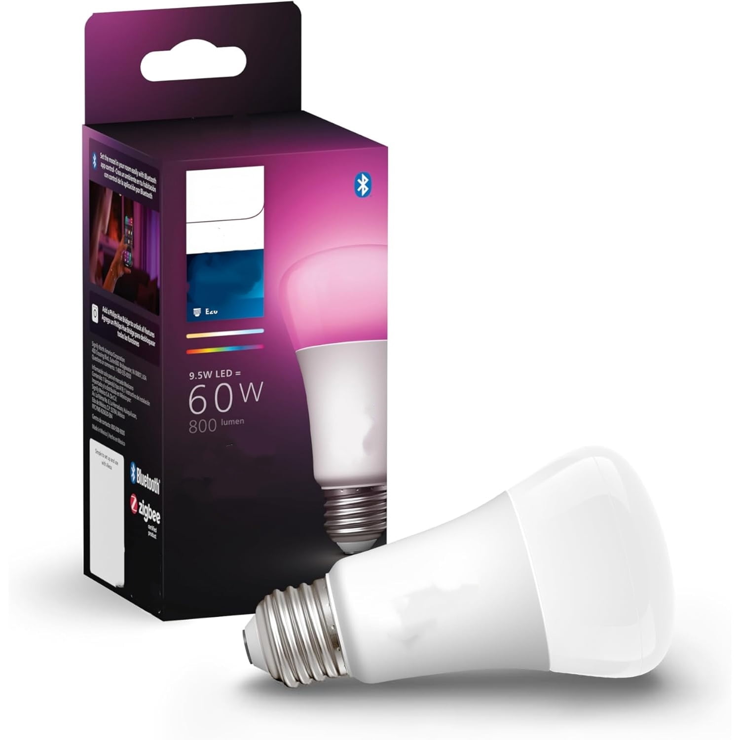 Smart 60W A19 LED Bulb - White and Color Ambiance Color-Changing Light - 1 Pack - 800LM - E26 - Indoor - Control with Hue App - Works with Alexa, Google Assistant and Apple Homekit
