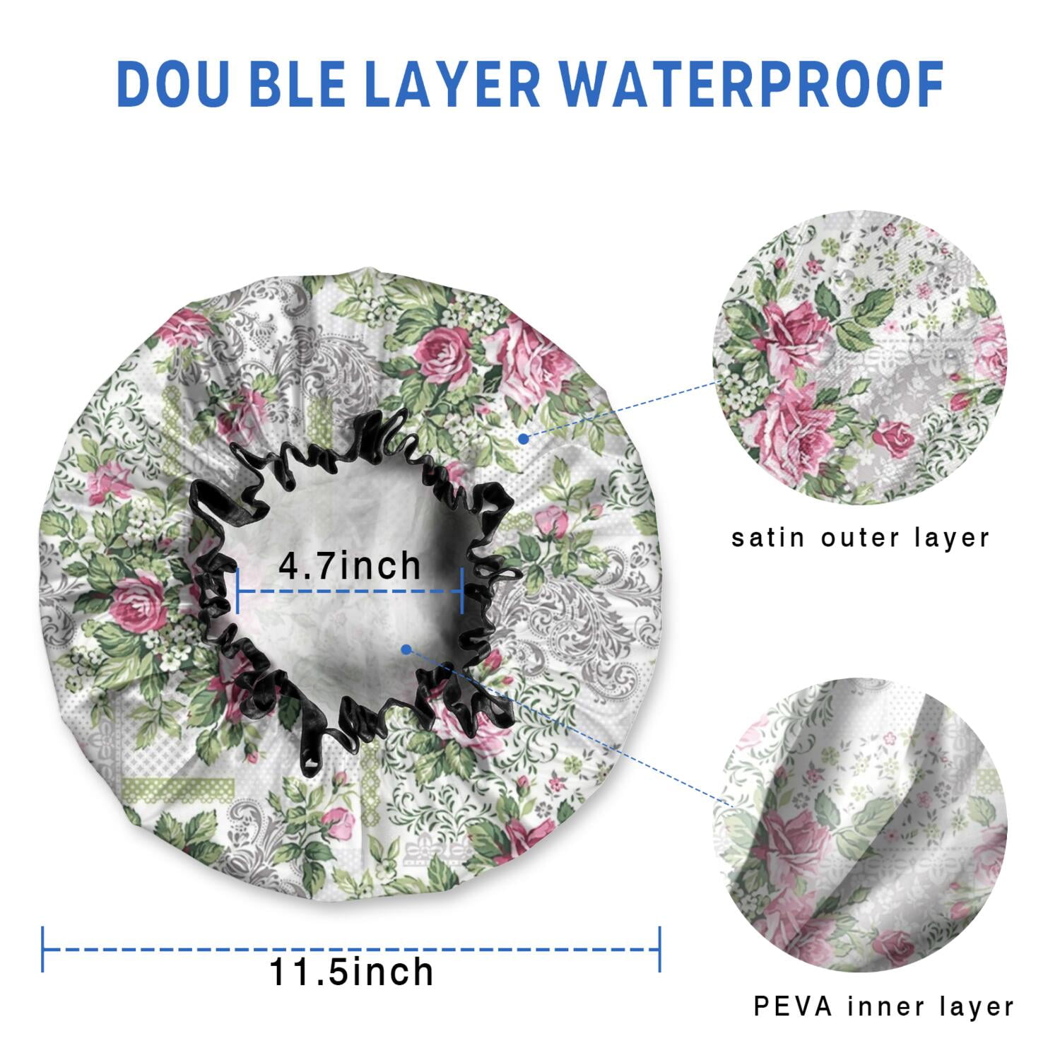 Shower Caps,Pioneer Flower Floral Print Pattern Waterproof Shower Cap for Women 4 Pieces,Double Reusable Hair Cover for Shower PEVA Elastic Stretch Hem