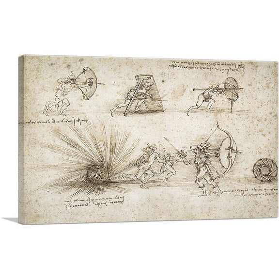 ARTCANVAS Bow, Shield and Weapons Designs Canvas Art Print by Leonardo da Vinci - Size: 26" x 18" (0.75" Deep)
