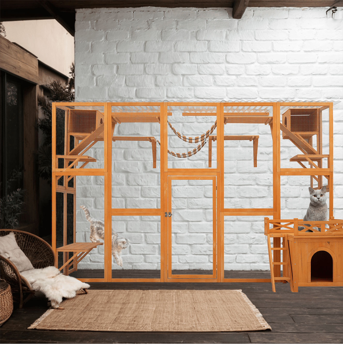 Euroco Outdoor Cat house Cat shelves Natural Wood Playground Cat Window Box Outside Enclosure Weather protection, With FREE Cat House