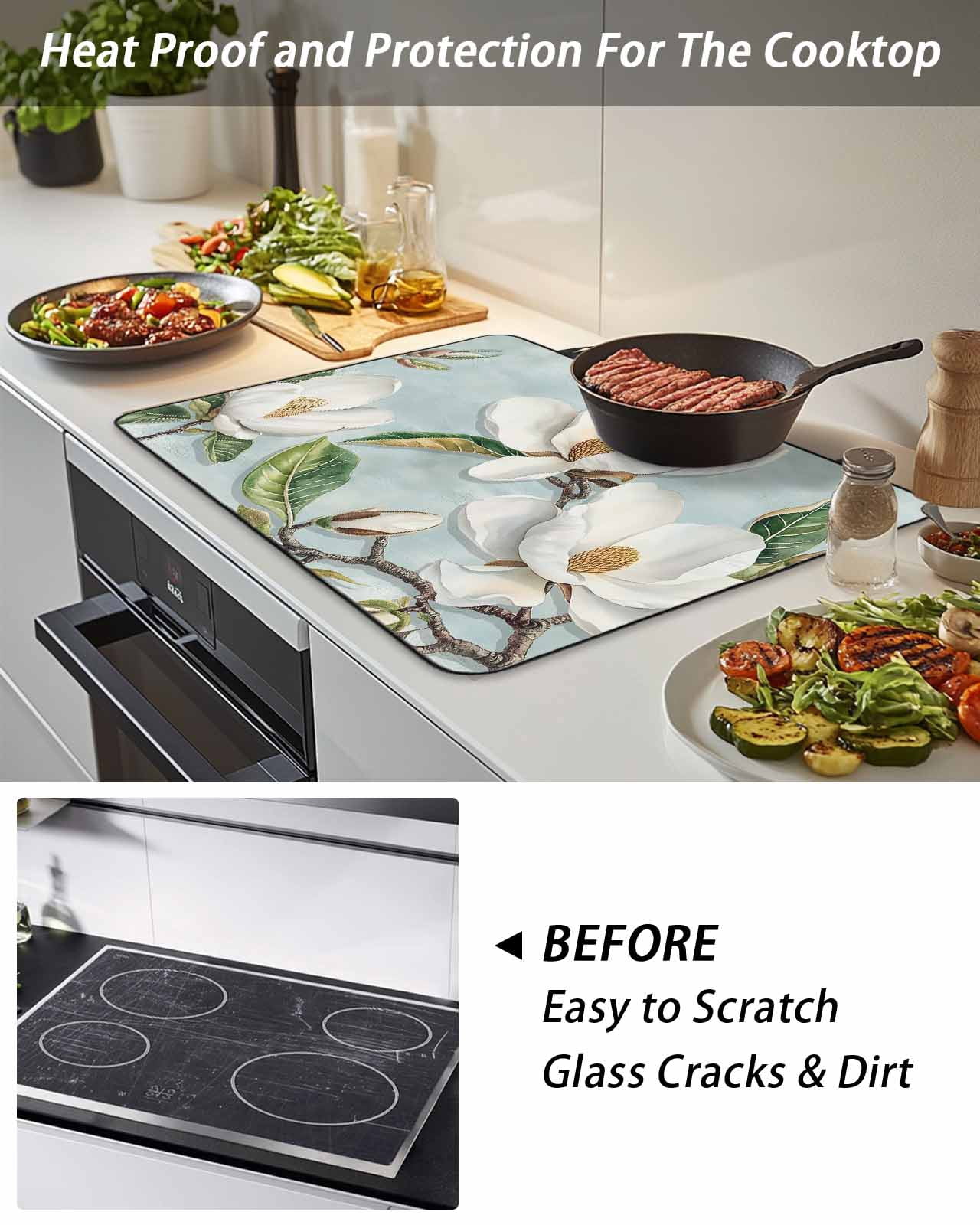 Stove Top Covers for Electric Stove, Botanical Flowers Glass Stovetop Cover Protector, Country Magnolia Leaves Branches Induction Cooktop Protector Oven Mat for Kitchen Countertop 24"x21"