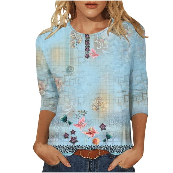 Patlollav Womens T-shirt Fashion Print Loose 3/4 Sleeve Blouse Round Neck Tops