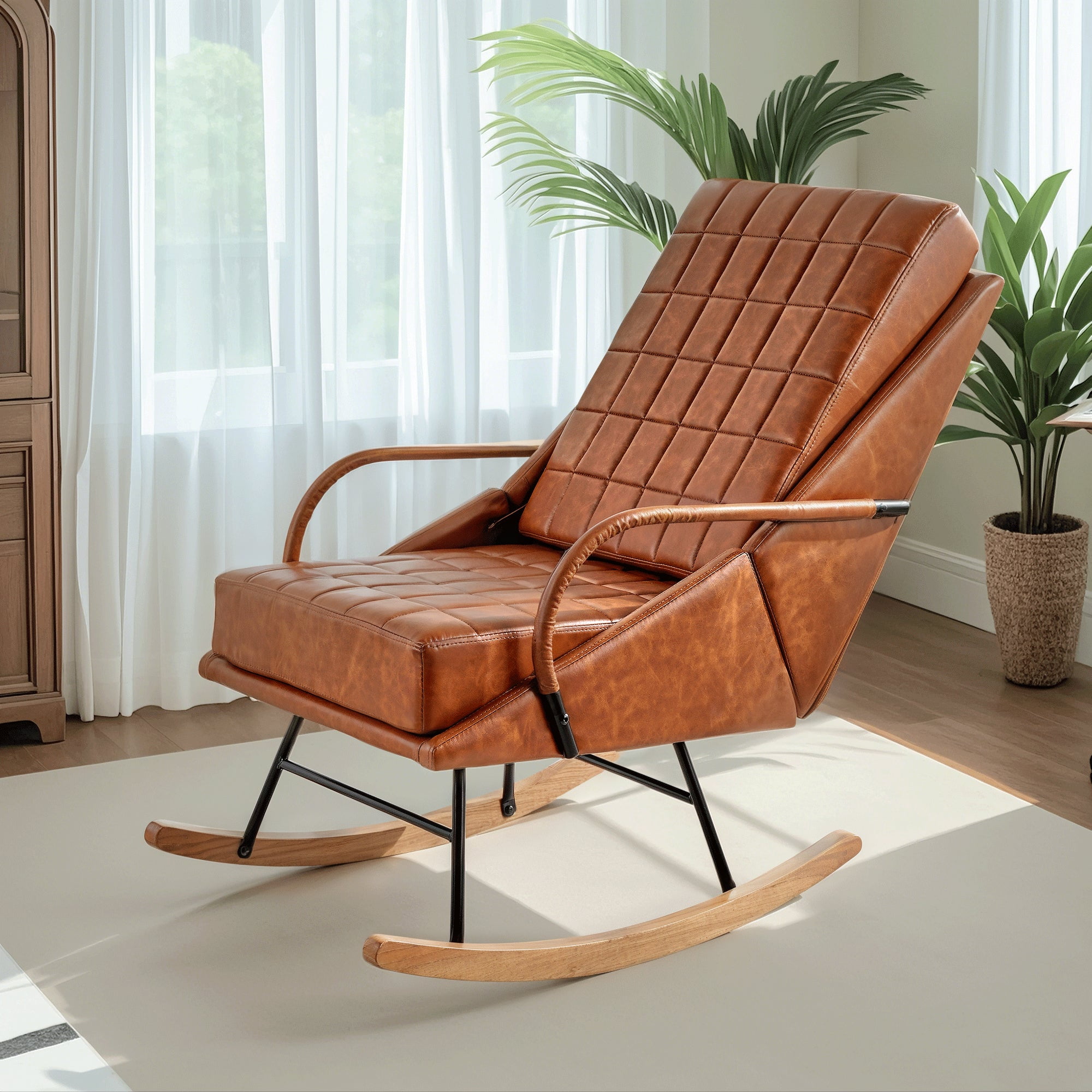 VECELO Nursery Rocking Chair with High Backrest, PU Leather Comfortable Rocker with Padded Seat for Living Room, Bedroom, Brown