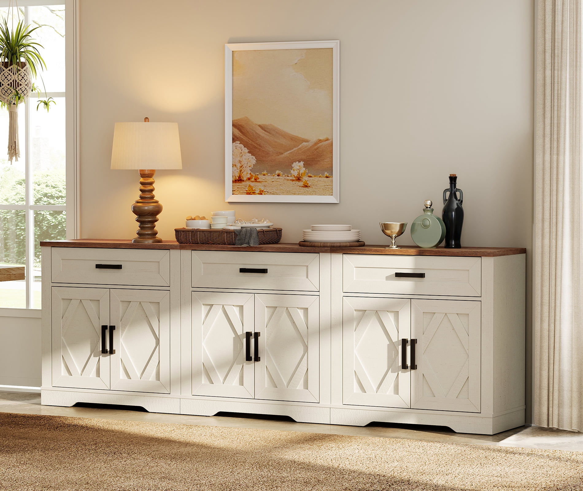 WAMPAT 94.5"W Farmhouse Buffet Sideboard with Barn Doors, Drawer & Storage, White