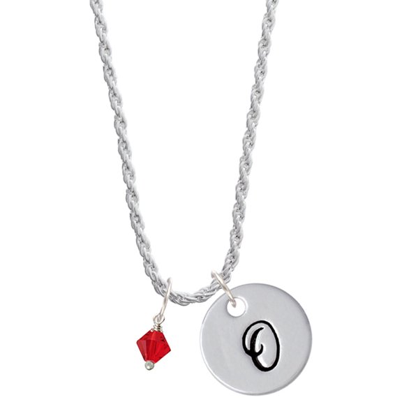 Delight Jewelry July - Red Crystal Bicone Silvertone Script Initial Disc - O - Charm Necklace, 20"+3"