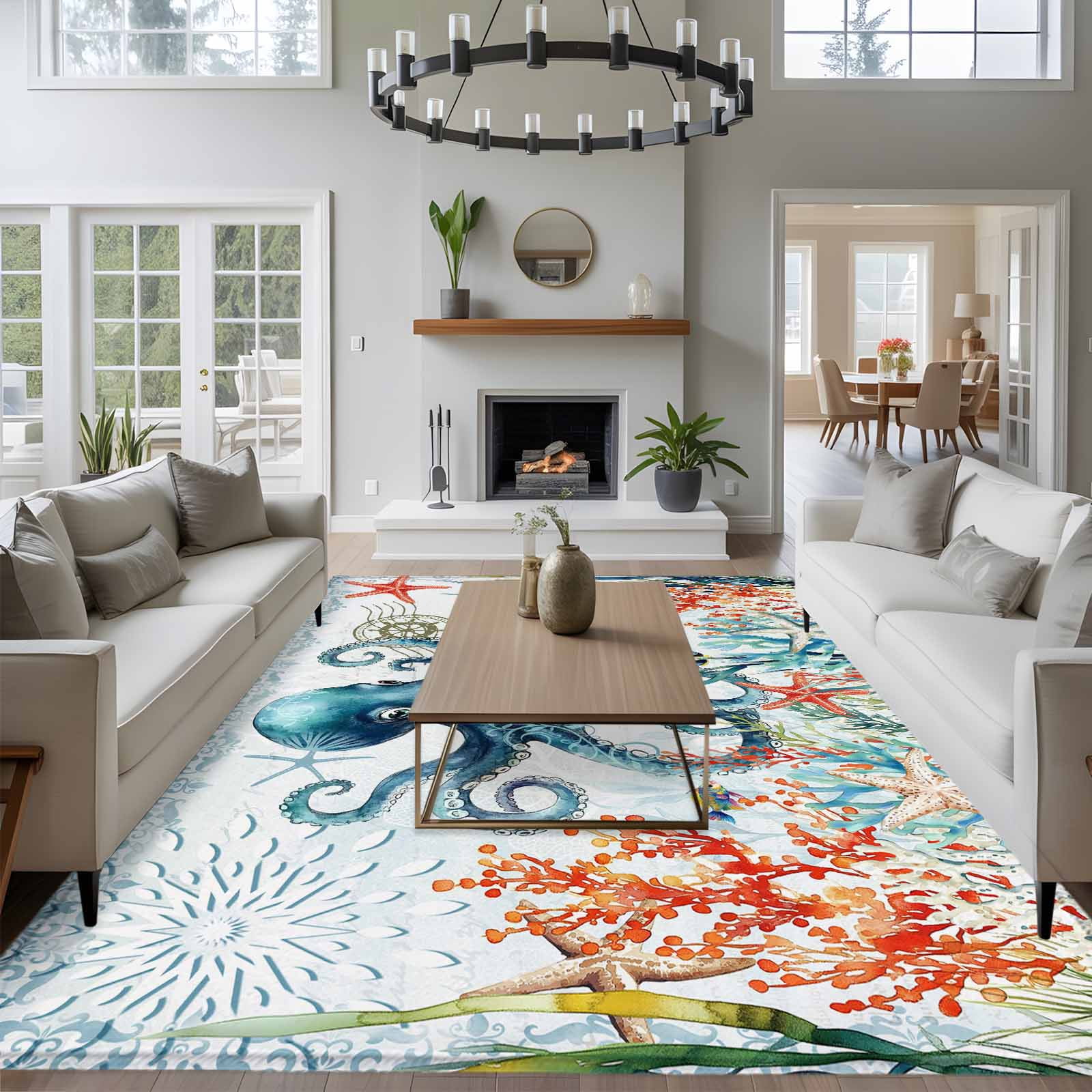 5'x8' Area Rugs, Octopus Coastal Indoor Outdoor Area Rug for Living Room Bedroom, Summer Beach Ocean Coral Starfish Washable Bathroom Rugs Kitchen Floor Carpet Mats Home Decor Aesthetic