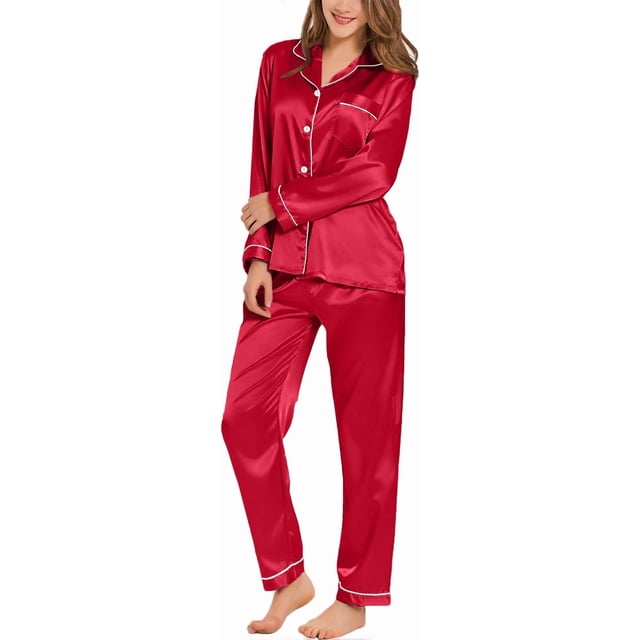 Conjunto de pijama para mujer, de manga larga, de satén de seda, con botones suaves, ropa de dormir para estar en casa