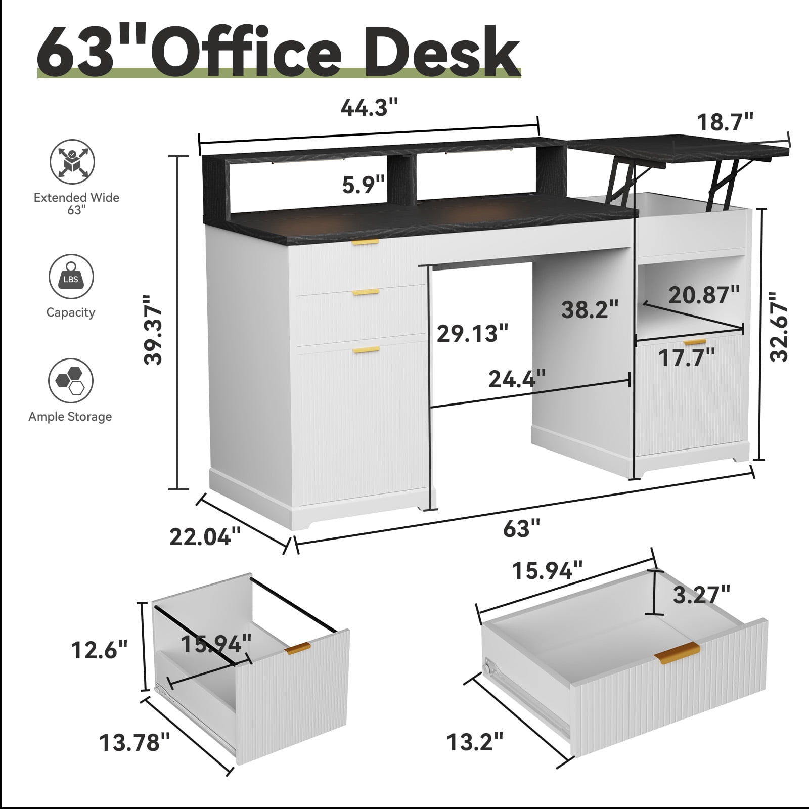 Fluted Executive Office Desk with Filing Cabinet and Drawers, Home Office Table Gaming Desk with Monitor Stand Lights, Cable Managerment and Charger, White&Black