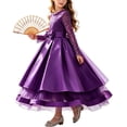 thumbnail image 2 of LEKWK Girls Princess Gown Long Sleeve Lace Satin Formal Midi Dress Bow Waist Tiered Tulle Wedding Flower Girl Dress for Pageant Host Recital Birthday Party, 2 of 8