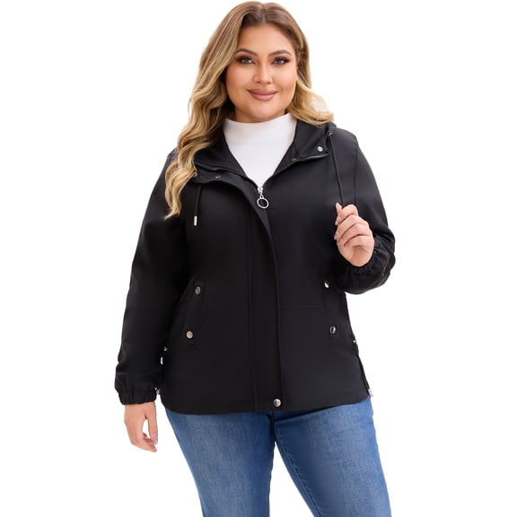 Agnes Orinda Women's Plus Size Hooded Trench Coats Windproof Zip Up Buttons Winter Jacket with Pockets 1X Black