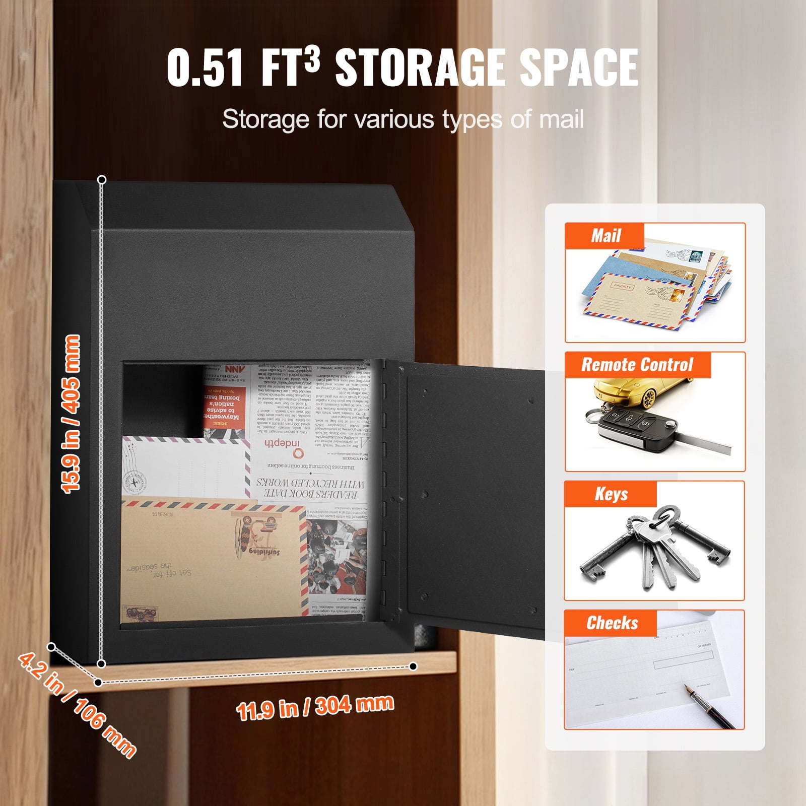 KFFKFF Heavy-Duty Steel Through-Door Mailbox with Key Lock, 12x6x16" Secure Drop Box, Black