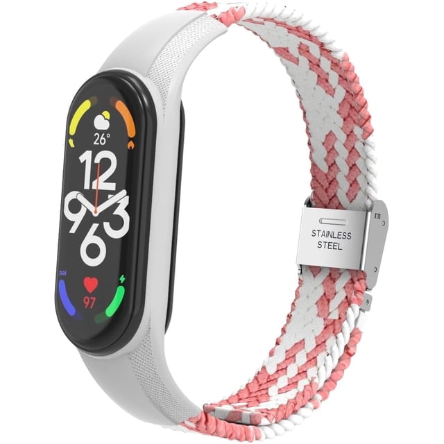 correa de silicón y nylon + hebilla unisex para smart watch de xiaomi compatible con de mi band 7 / 6 / 5 / 9 correa extensible blanco y rosa, vista 3/4 frontal que muestra la silueta de la pulsera, trenza de nylon bicolor y sección interior de silicón flexible, hebilla metálica rectangular con grabado visible "stainless steel", ajustable hasta 230 mm (23 cm / 9 in), transpirable y cómoda para uso diario; también suele usarse como correa de reemplazo en viajes.