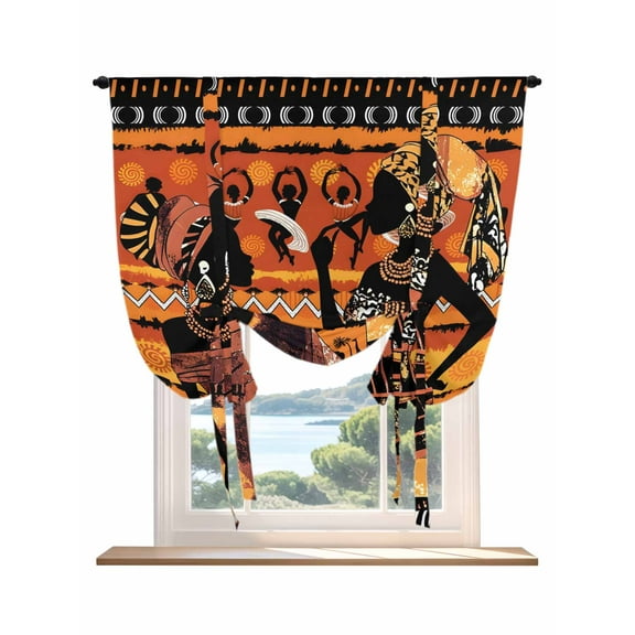 Black Orange Girls Boho Tie Up Curtains for Windows 54 Inch Length Balloon Curtains Kitchen Adjustable Balloon Window Shade Vintage Ethnic Tribe Abstract Art Tie Up Bathroom Curtain Window 42"x54"