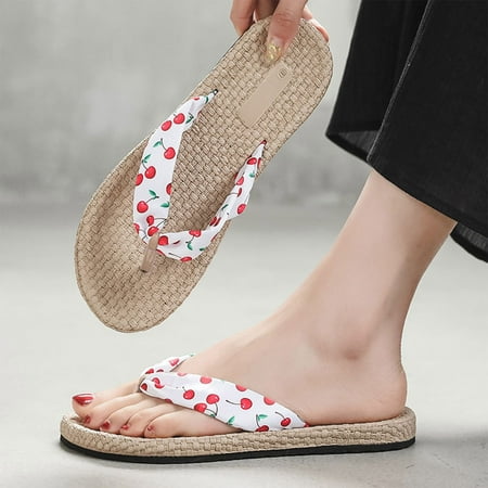 

Fashion Spring And Summer Women Slippers Straw Espadrille Fruit Pattern Sandals Flip Flops Beach Flat Bottom Womens Slippers with Memory Foam Womens Ballet Slippers Velour Slipper Socks for Women