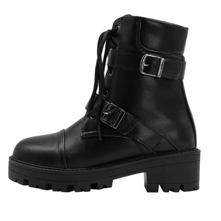 

nsendm Women s Rain Boots Size 7 Mid Calf Fashion Up Boots Belt Buckle Winter Female Flat Boots Mid Calf for Women Black 8