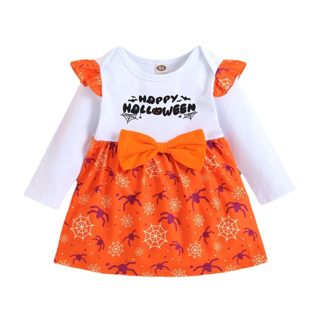 Vestido de malla abullonada con dibujos de arañas y mangas largas para niñas de Halloween