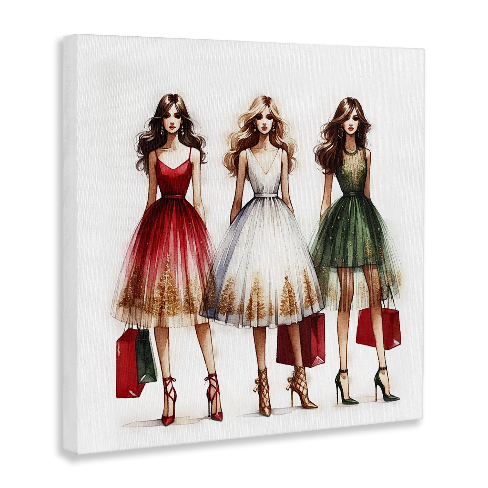 Stupell Industries Trendy Christmas Girls Holiday Painting Gallery Wrapped Canvas Art Prints Wall Art, 24 x 24