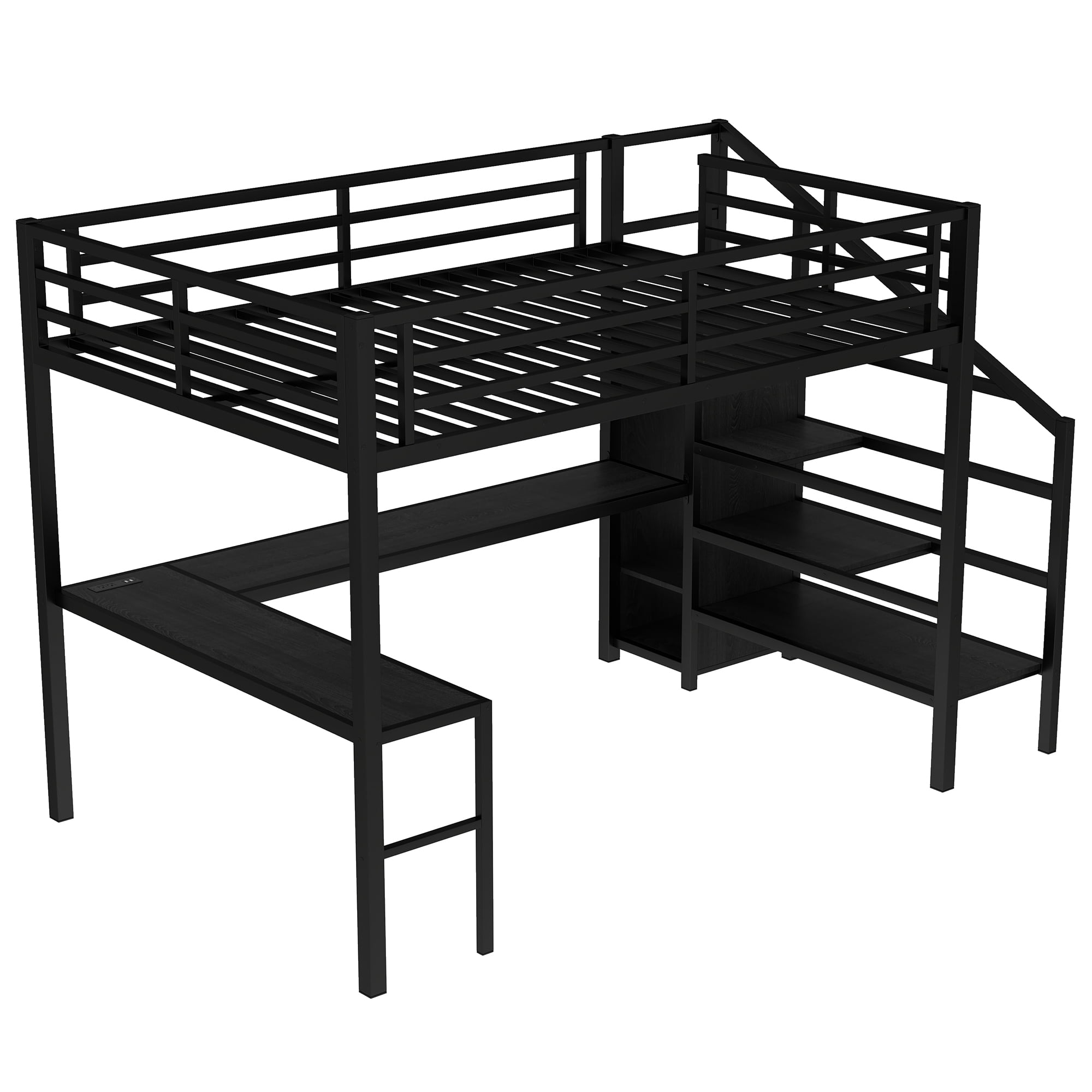 Aukfa Queen Size Loft Bed with L-Shaped Gaming Desk, Wardrobe, USB Ports & RGB Lights, Metal Loft Bed for Kids, Teens & Adults, Black