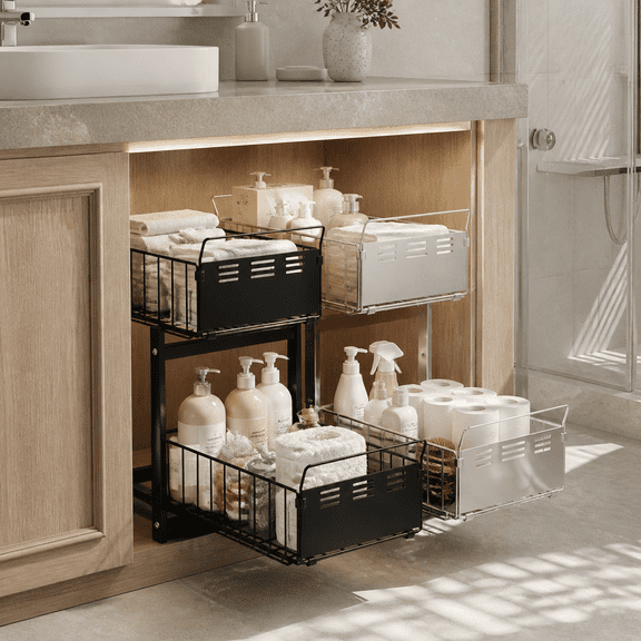 Slide Out Under Sink Organizer, 2-Tier Pull Out Cabinet Drawer with Metal Baskets, Kitchen & Bathroom Storage Shelf, Black/Silver.