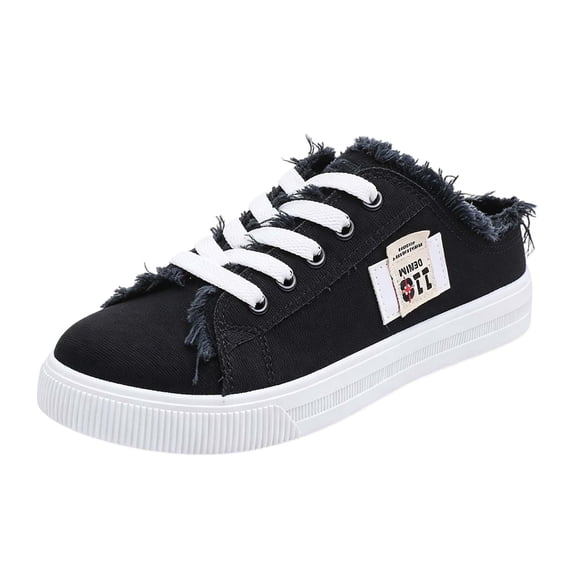 EKVAHL Slip On Canvas Loafers for Women, Denim Breathable Flat Cushioned Casual Shoes, Backless Daily Walking Slide Sneakers Black