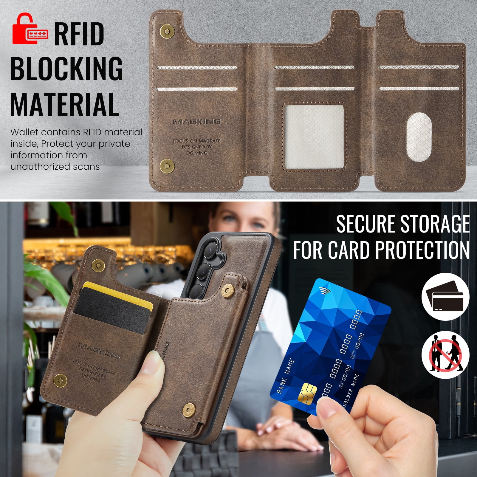 Designed for Samsung Galaxy S25 Wallet Phone Case,Magnetic Detachable Flip Card Holder,Back Flip Kickstand,Compatible with Mag-Safe,2-in-1 PU Leather Heavy Duty Shockproof Phone Case,Coffee