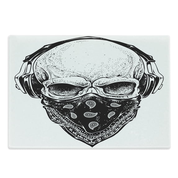 Grunge Cutting Board, Gothic Skull with Bandanna and Headphones Musical Dead Man Illustration, Decorative Tempered Glass Cutting and Serving Board, Large Size, Pale Grey Black, by Ambesonne