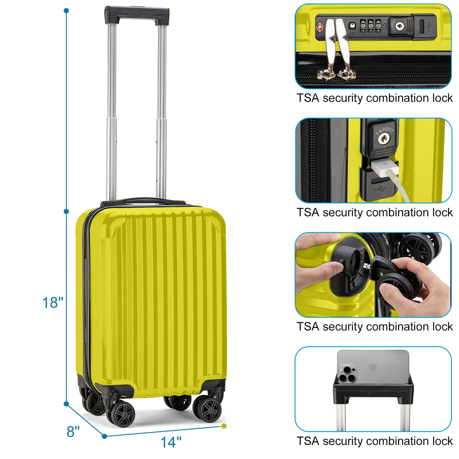 Personal Item Suitcase 18x14x8 Inches Hardside Built In TSA Lock & USB Port Lightweight Luggage With Removable Silent Wheels Underseat Carry-On Bag For Spirit and Frontier and More (Yellow)