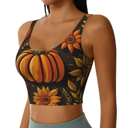 Picia Autumn Pumpkin Leaves Sports Bra for Women Padded Strappy Sports Bras Medium Support Yoga Bra with Removable Cups Running Yoga Bra-Small