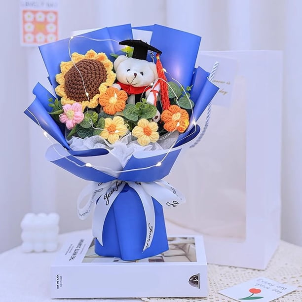 Set de regalo de graduación 2025: ramo de flores de punto con bolsa de regalo de oso de graduación, oso de punto