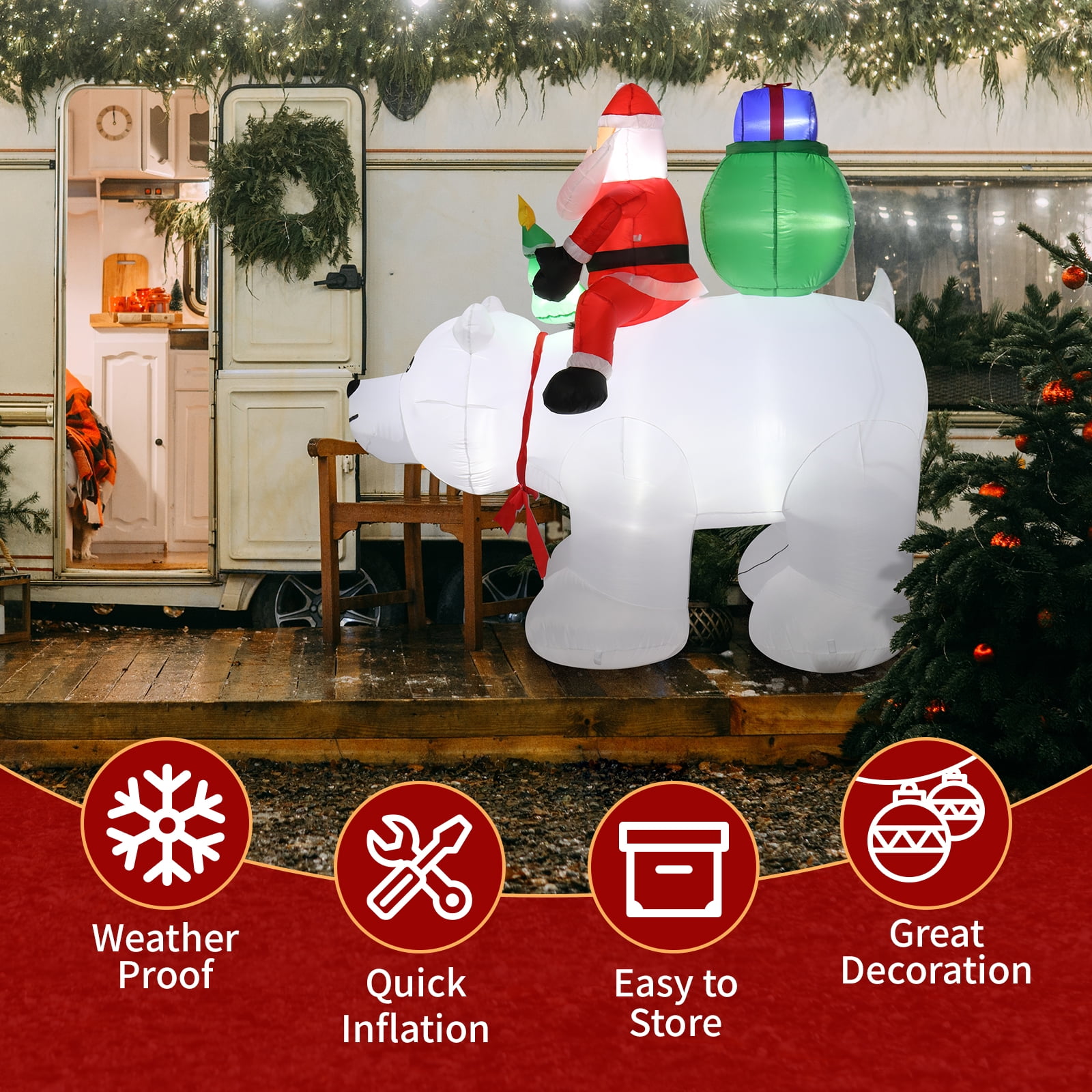 Astoutdoor 6 ft Santa Claus Rides Polar Bear Holiday Decoration with 7 LED Lights, Polyester