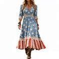 thumbnail image 4 of Fewfanhot Women's 4th of July 250th Anniversary American Flag Lace Midi Dress, V-Neck 3/4 Sleeve Boho Patriotic Dress, Casual Summer Vintage Western Style Sundress, 4 of 5