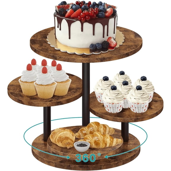 4 Tier Round Cupcake Tower Stand for 50 Cupcakes, 360° Rotating Wood Cake Stand with Tiered Trays, Farmhouse Cookie Stand for Dessert Table Display for Wedding Birthday Baby Shower Tea Party