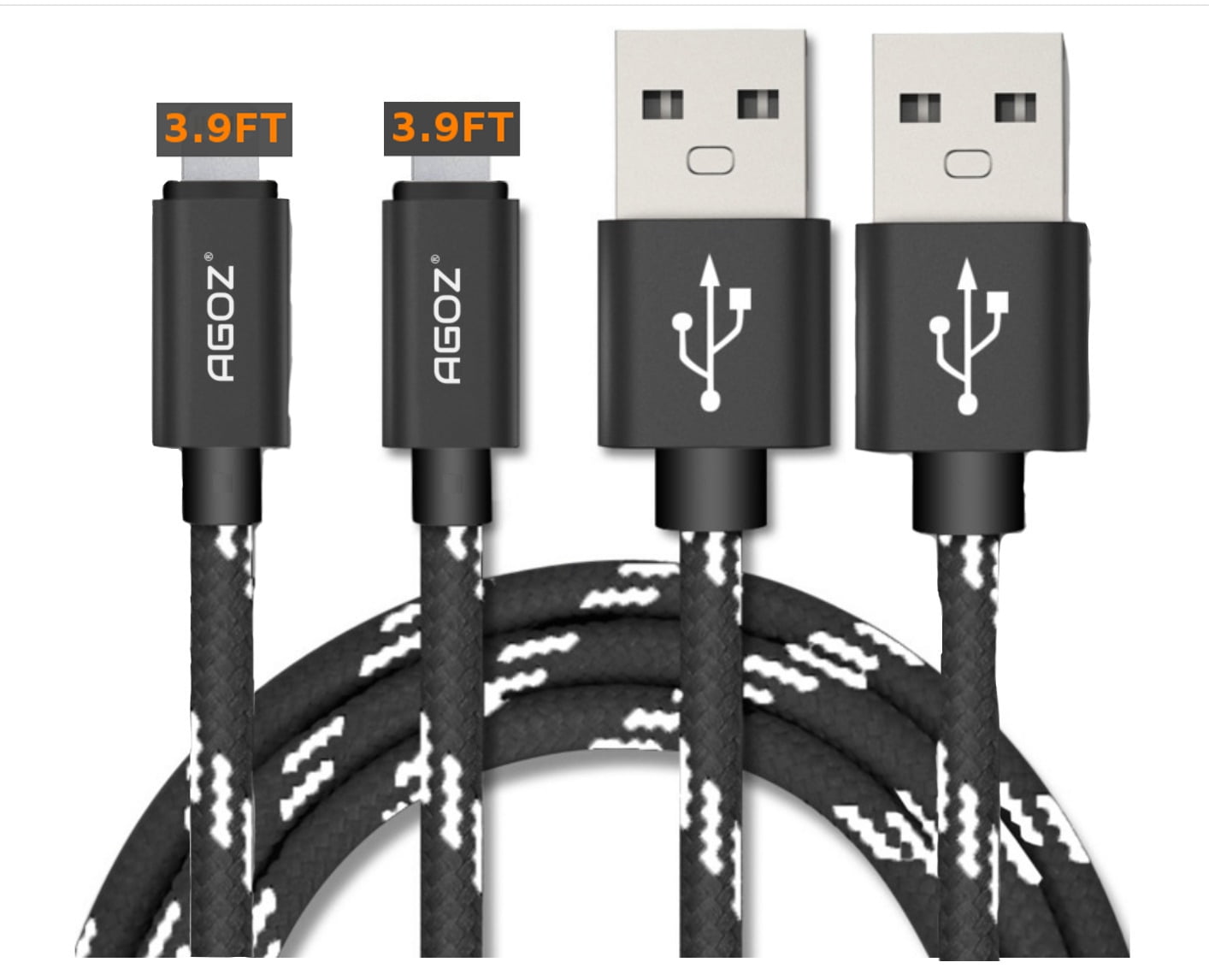 2 Pack 3.9 ft Heavy Duty AGOZ Braided Rugged Charging USB Cable For Apple iPhone 14, 13, 12, 11, X, iPhone 8 Plus, 8, 7 Plus, 7,   6S Plus, 6S ,  6,  SE,  5S,  5, 5C