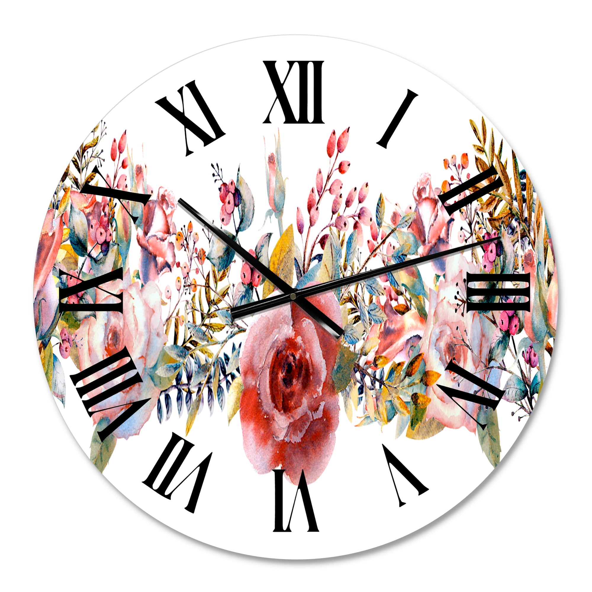 Designart 'Pink Roses And Wildflower' Farmhouse Wall Clock