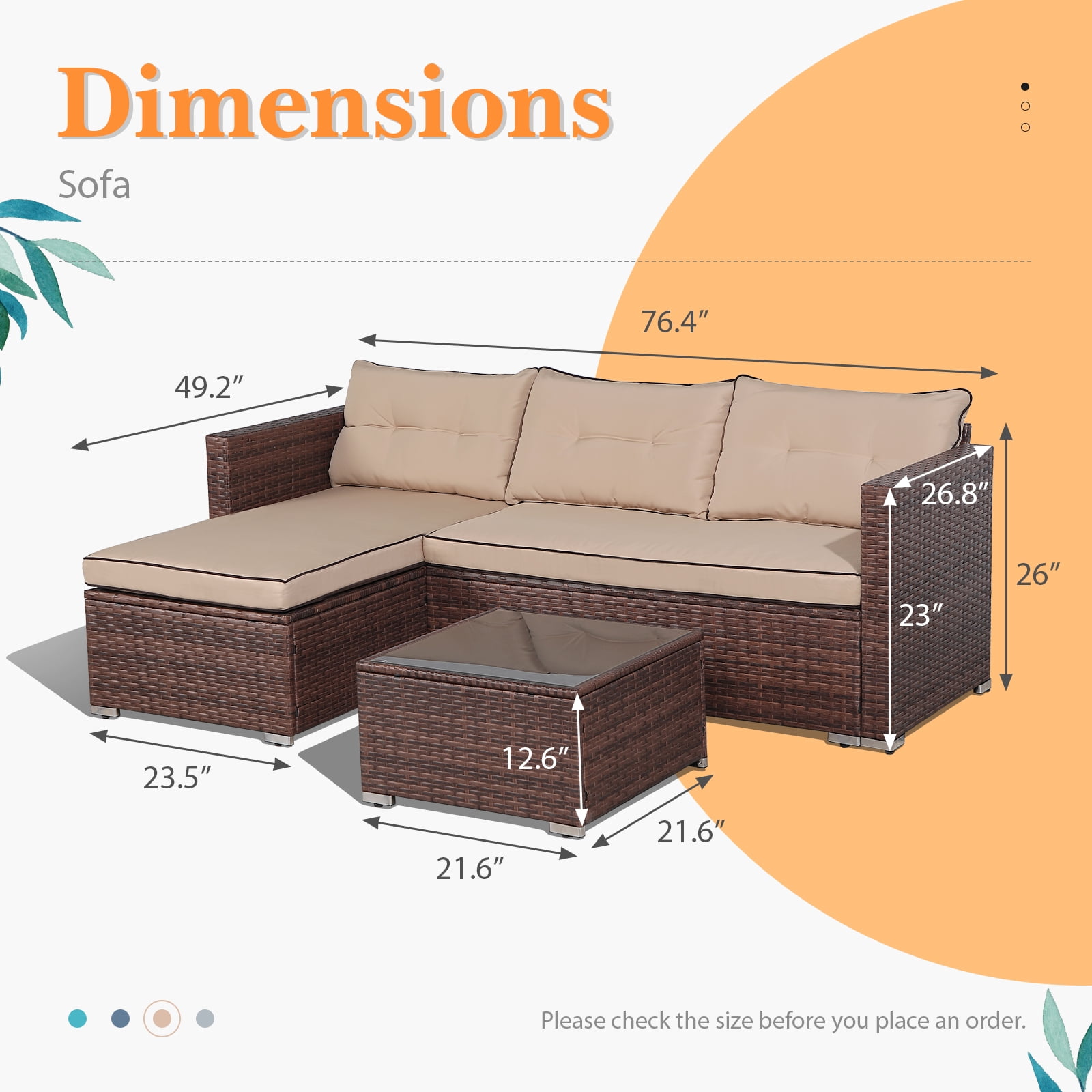OC Orange-Casual 3-Piece Patio Furniture Set, All-Weather Outdoor Sectional Sofa Set, Wicker Loveseat Lounge Couch with Glass Coffee Table, Beige