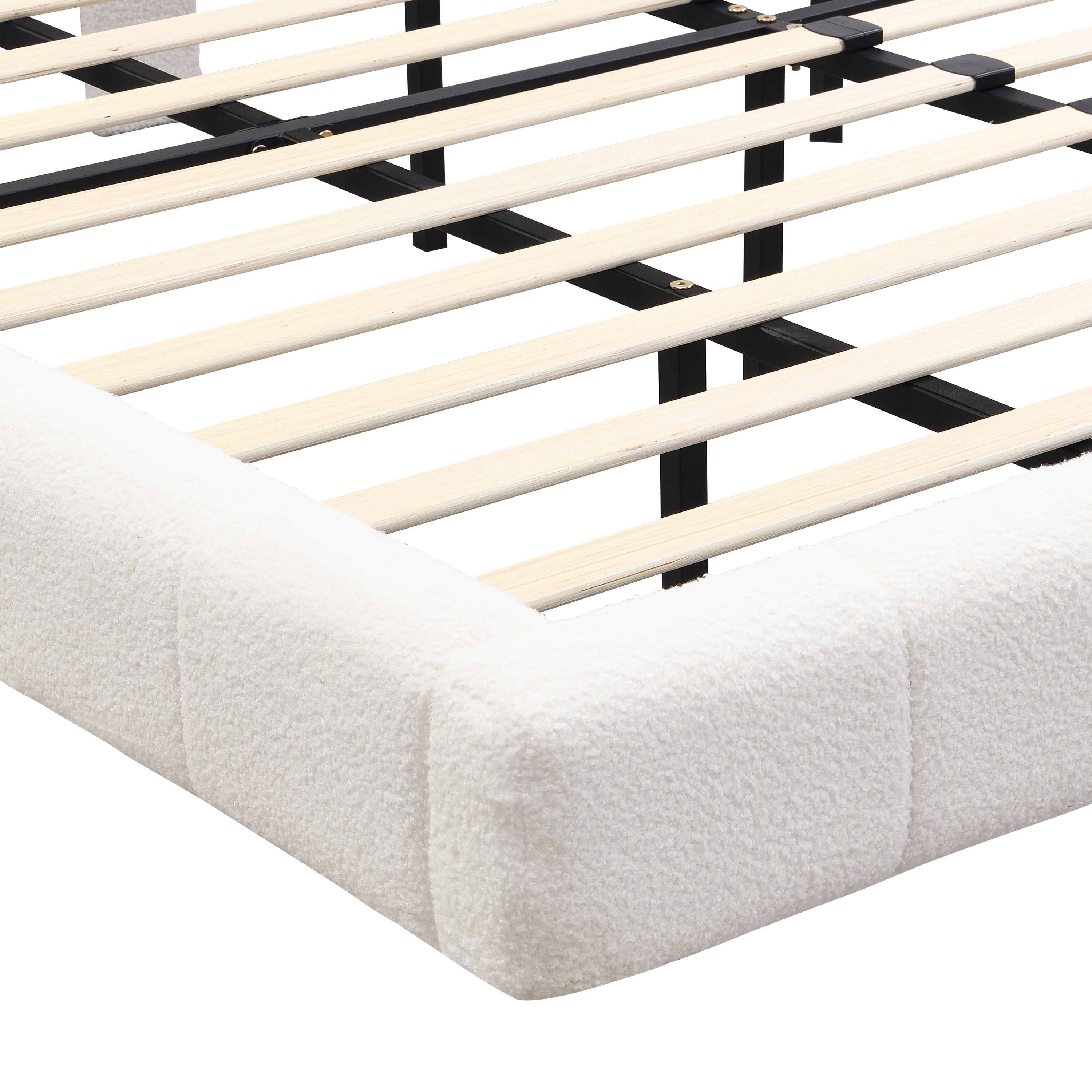Mintazer Queen Size Floating Upholstered Platform Bed Frame with Grid Tufted Headboard and LED Lights, Boucle Fabric Bed for Bedroom, No Box Spring Needed, White