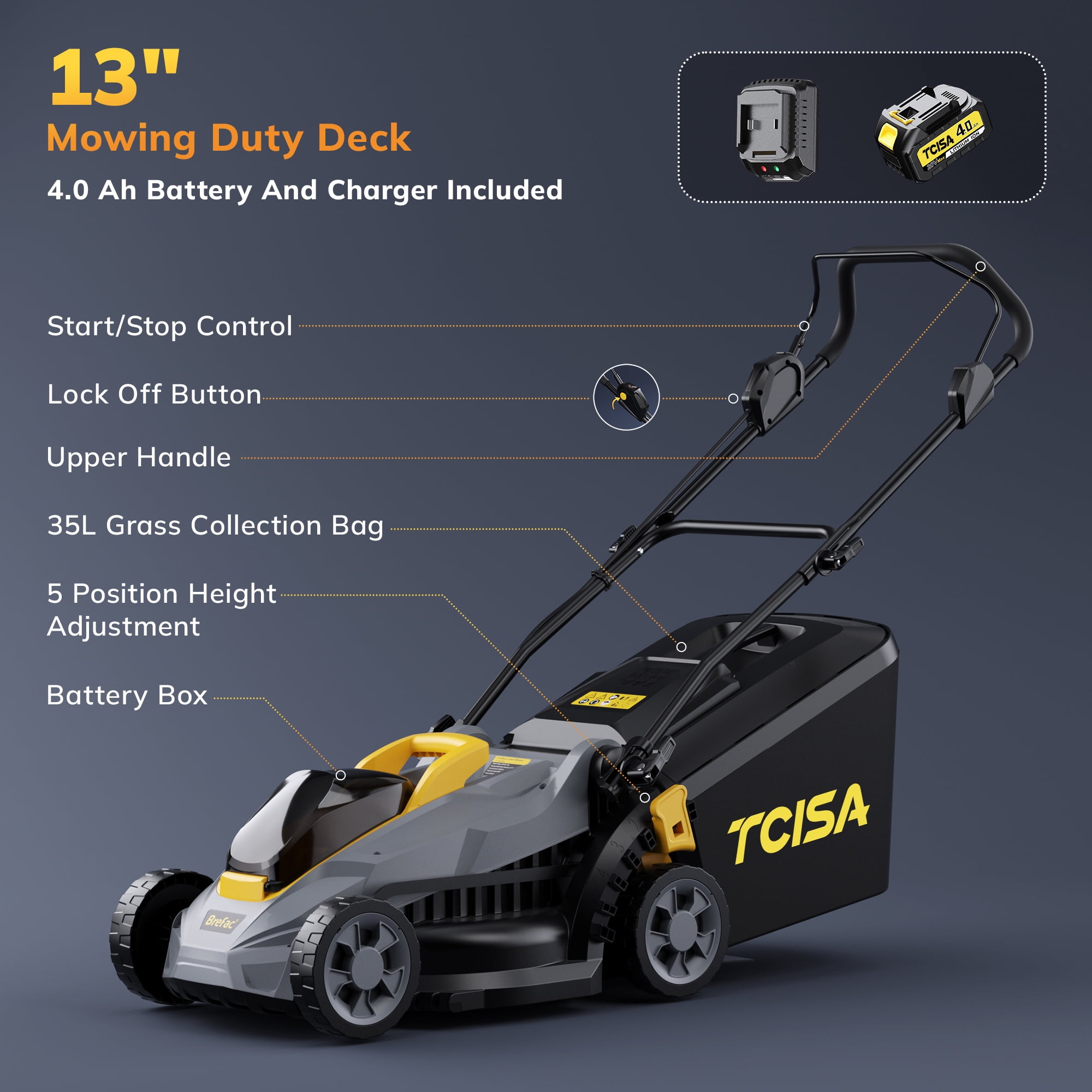 20V 13'' Cordless Lawn Mower, Grass Cutter with 4.0Ah Battery, 5 Adjustable Height Settings, Durable Manganese Steel Blades, for Small Lawn