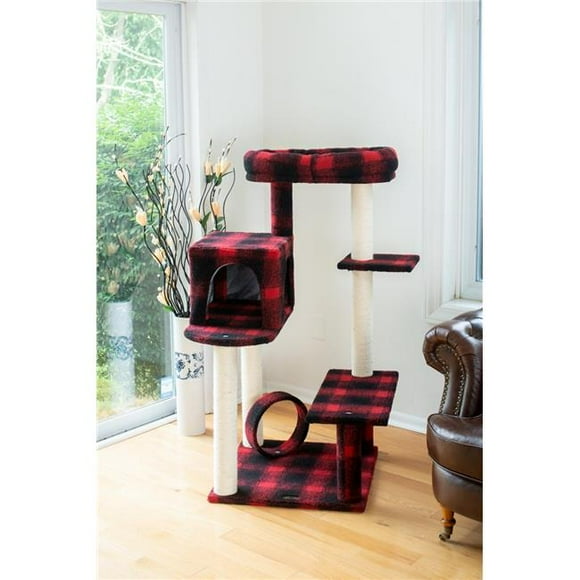 Armarkat Model B5008 50-inch Real Wood Cat Tree with Veranda, Bench, Mini Perch, and Spacious Lounger in Scotch Plaid, Black/Red, 31""(l) x 28""(w) x 50""(h)