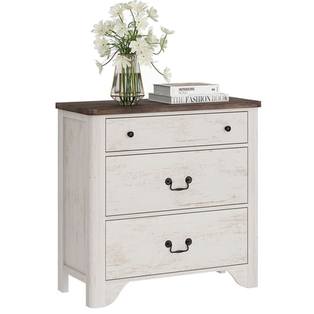 WAMPAT Farmhouse Nightstand with 3 Drawers, Large Wood Bedside Table Night Stand for Living Room, Bedroom, White