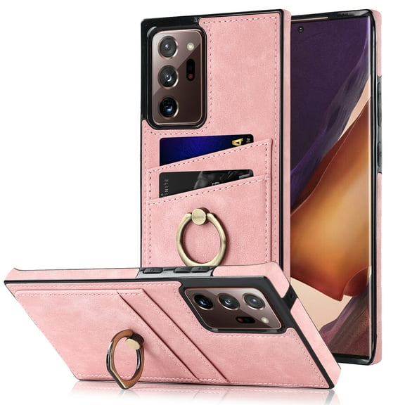 Feishell Fit for Samsung Galaxy Note 20 Ultra Case with 360° Rotatable Ring Holder,Shockproof Drop Resistant Premium Plain PU Leather Soft TPU Card Slots Kickstand Back Protective Phone Case,Pink