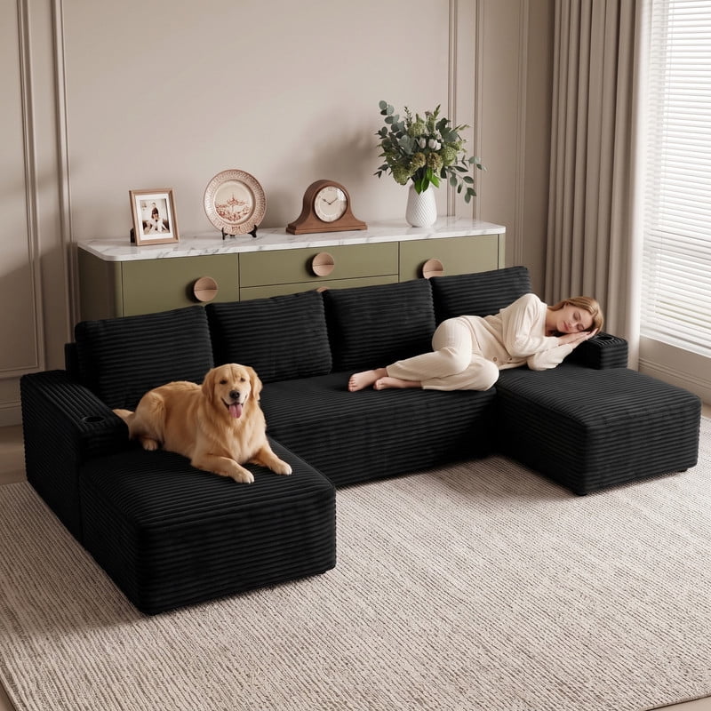 Anpport 133" Boneless Cloud Modular Sectional Couch, Corduroy Sofa with Cup Holders, Side Pockets, Deep Seat, No Assembly Required for Living Room, Black (U‑Shaped)