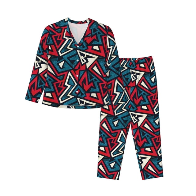 Fotbe Geometric Elements Conjunto de Pijama de Manga Larga para Mujer con Estampado, Ropa de Dormir de 2 Piezas, Conjunto de Casa Suave y Cómodo con Bolsillos-Small