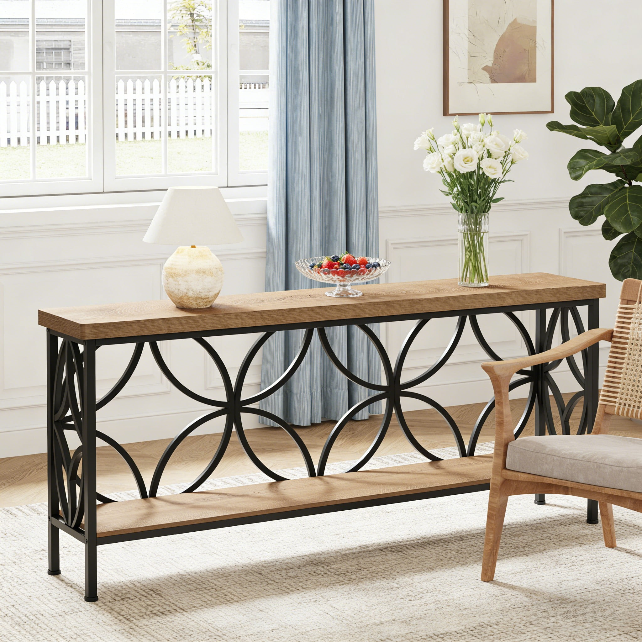 Fnova 70.9" Industrial Console Table, 2-Tier Wood Storage Narrow Sofa Table, Behind Couch with Metal Frame, for Living Room, Entryway, Foyer, Easy Assembly