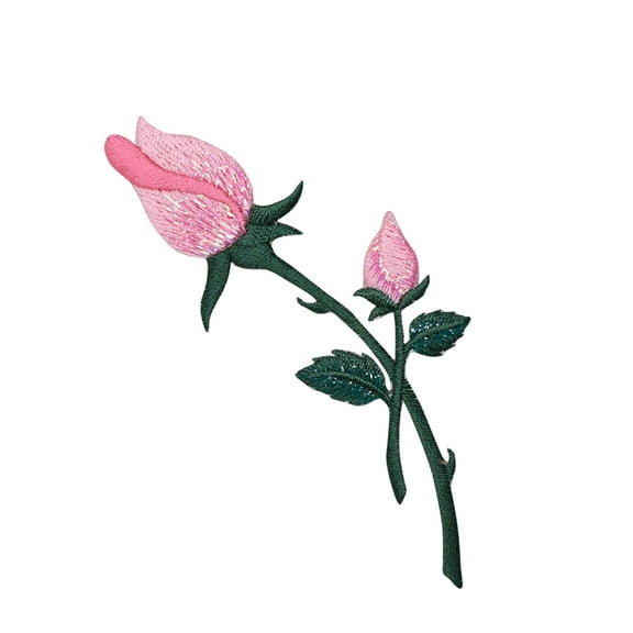 Pink Rose - Closed Petals on Stem - Iron on Applique/Embroidered Patch