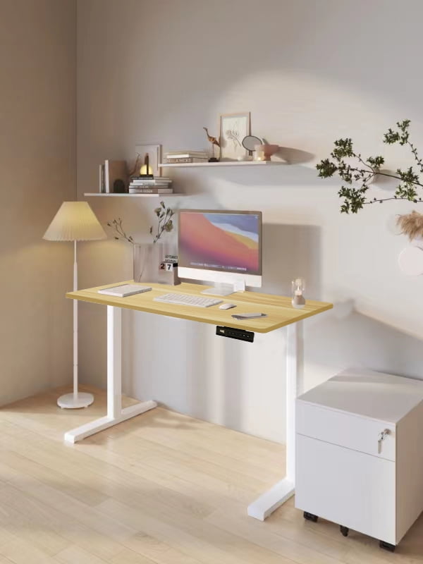 Rise Up Essential Electric Standing Desk 23.6x47.2” | Affordable Adjustable Height 27–46” Sit Stand Ergonomic Office Desk with Maple Top, Memory Control & White Frame