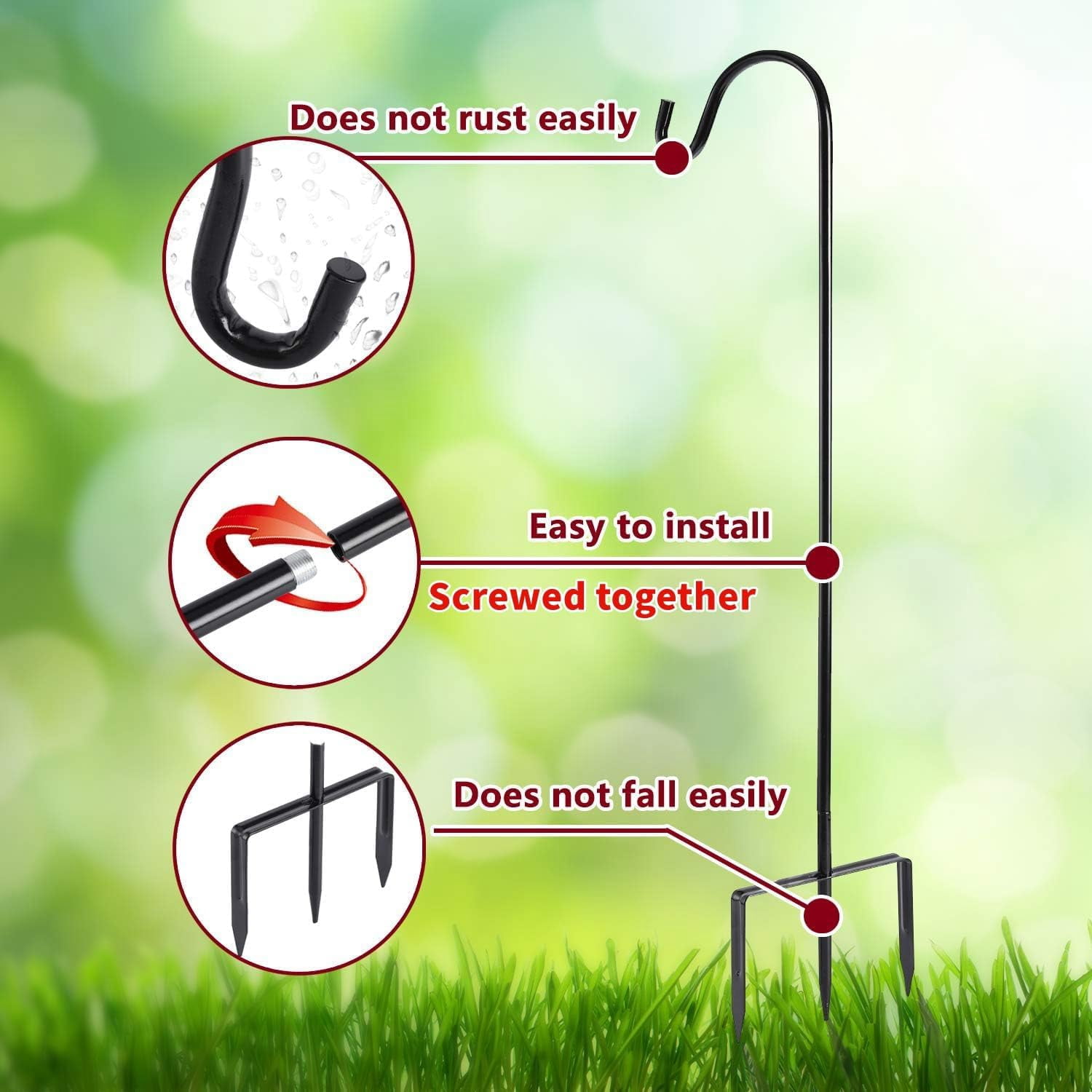 2 Pack Shepherd Hook Adjustable Height 31/24/16’’ 1/2 inch Thick Use at Weddings, Hanging Solar Lights, Lanterns, Bird Feeders, Metal Hanger Hook (Black, 31 inch). U.S. Patent.