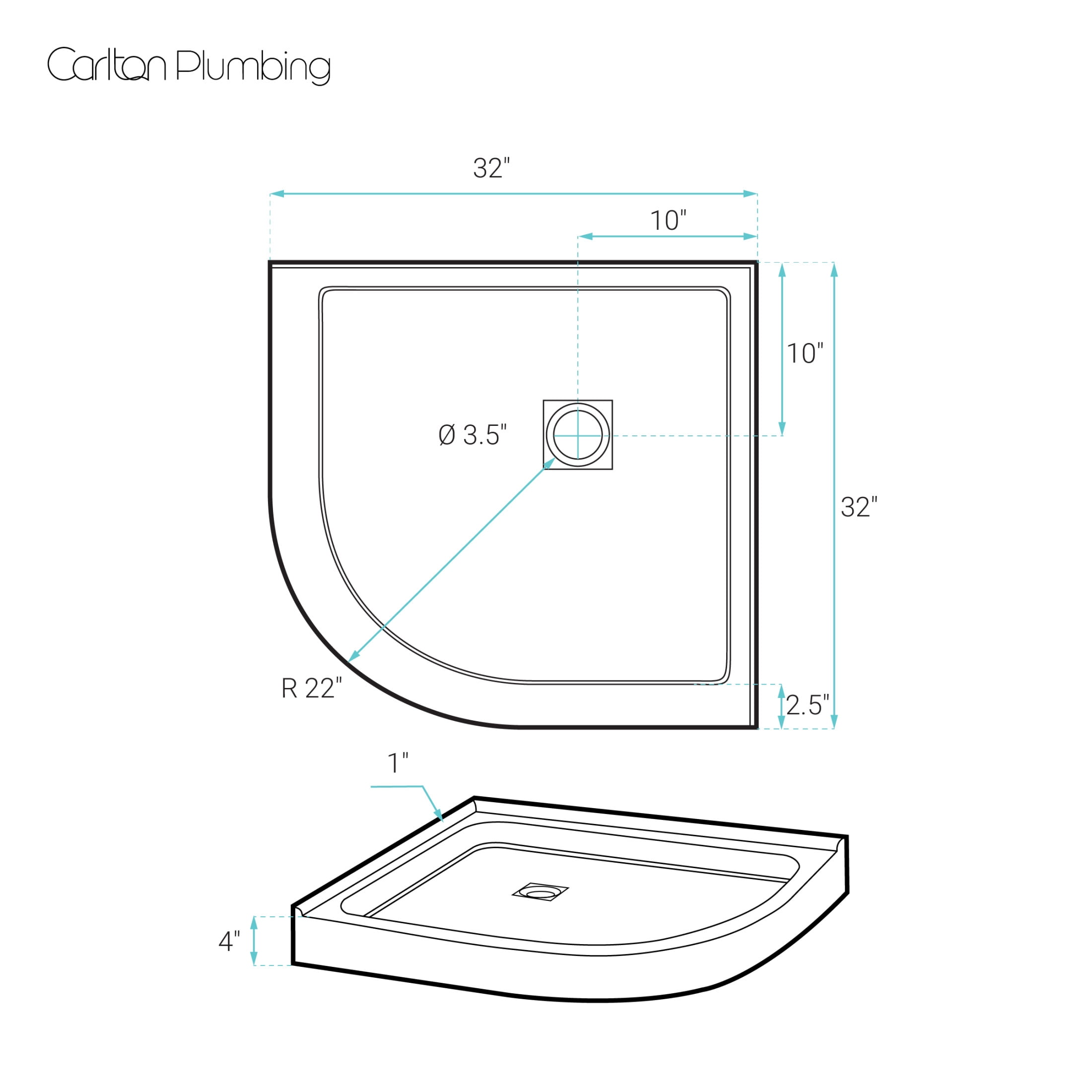 Marquette 32" x 32" Round Corner Double-Threshold Shower Pan Base with Center Drain in Glossy White